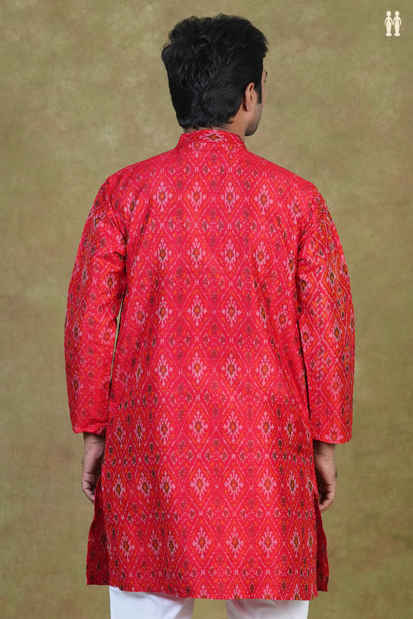 Chinese Collar Ikat Design Red Raw Silk Long Kurta