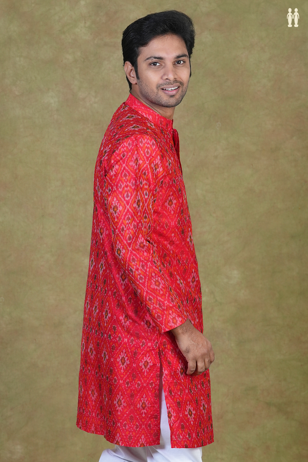 Chinese Collar Ikat Design Red Raw Silk Long Kurta