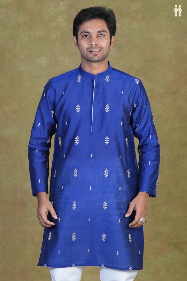 Chinese Collar Threadwork Buttas Blue Raw Silk Long Kurta