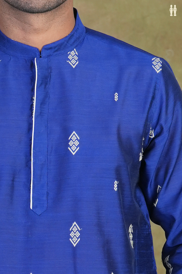 Chinese Collar Threadwork Buttas Blue Raw Silk Long Kurta