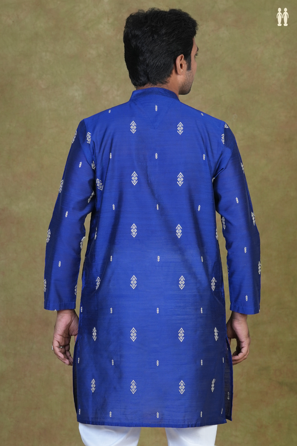 Chinese Collar Threadwork Buttas Blue Raw Silk Long Kurta