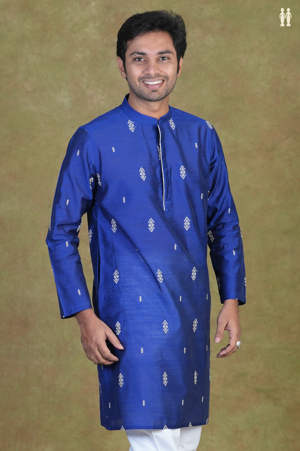 Chinese Collar Threadwork Buttas Blue Raw Silk Long Kurta