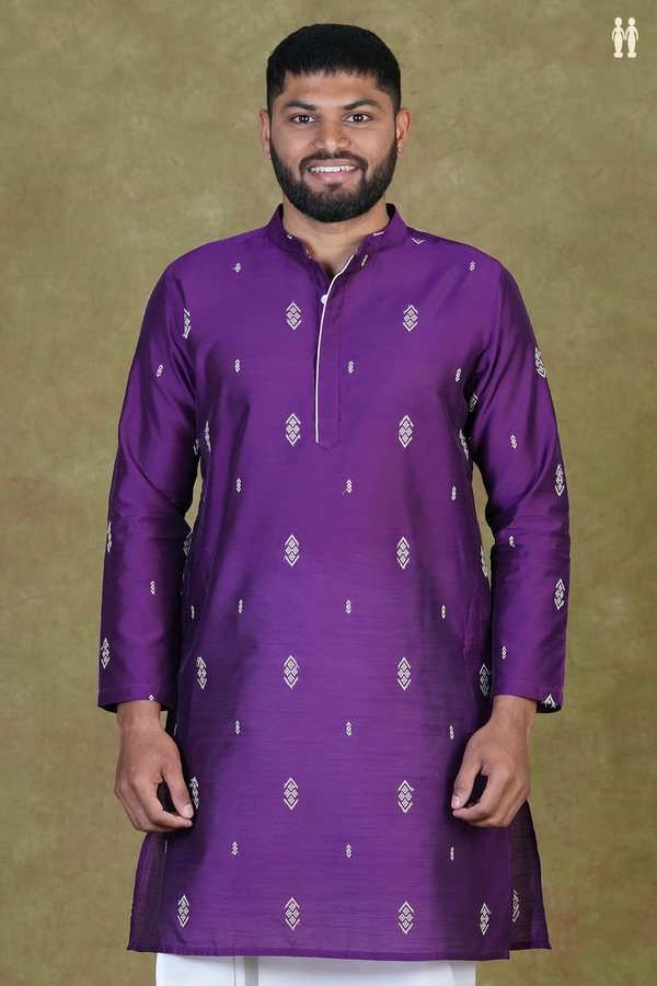 Chinese Collar Threadwork Buttas Purple Raw Silk Long Kurta