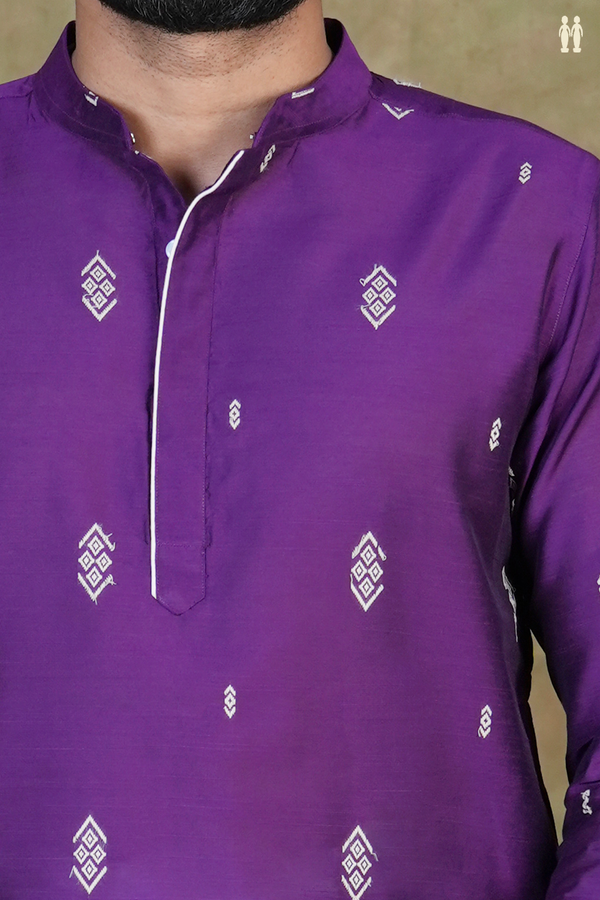 Chinese Collar Threadwork Buttas Purple Raw Silk Long Kurta