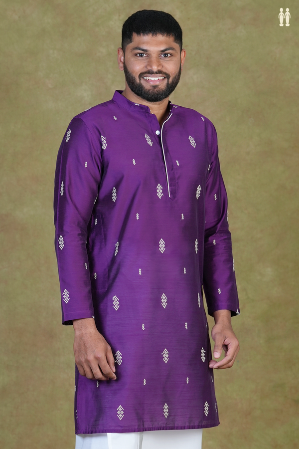 Chinese Collar Threadwork Buttas Purple Raw Silk Long Kurta