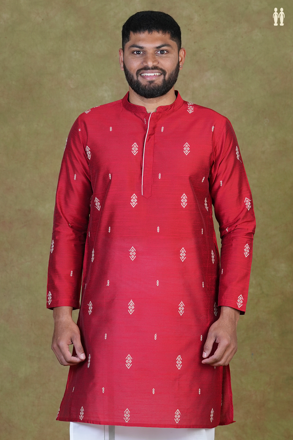Chinese Collar Threadwork Buttas Red Raw Silk Long Kurta