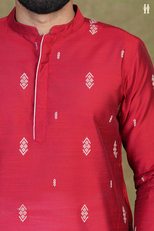 Chinese Collar Threadwork Buttas Red Raw Silk Long Kurta