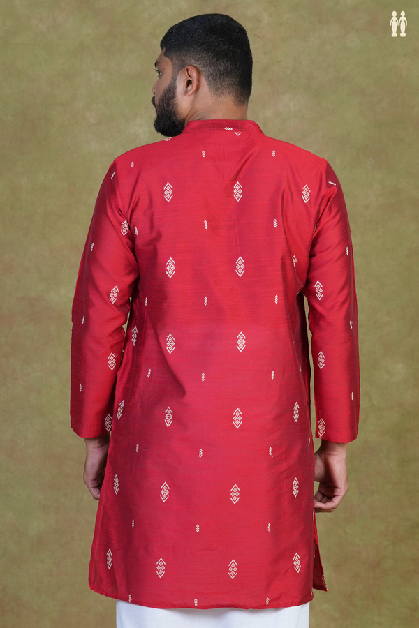 Chinese Collar Threadwork Buttas Red Raw Silk Long Kurta