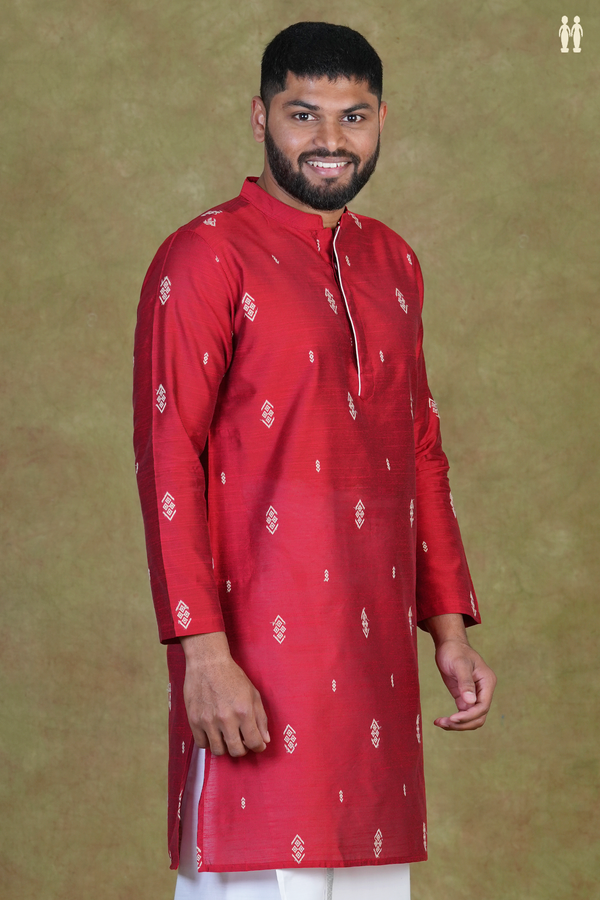 Chinese Collar Threadwork Buttas Red Raw Silk Long Kurta