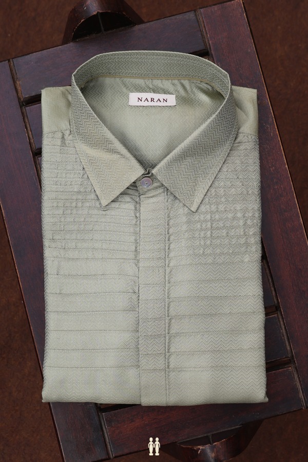Regular Collar Chevron Design Sage Green Banarasi Silk Shirt