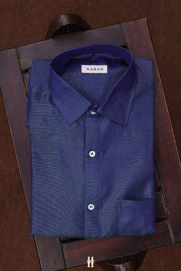 Regular Collar Stripes Design Navy Blue Silk Shirt