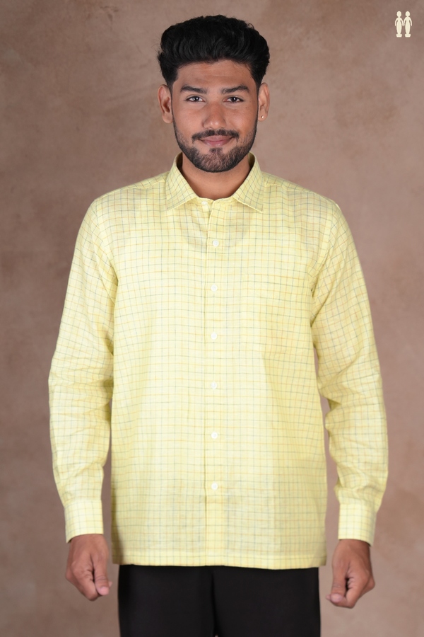 Regular Collar Checks Design Creamy Green Linen Shirt