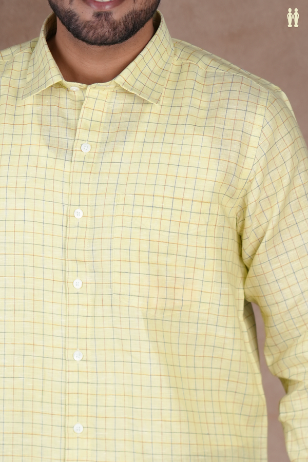Regular Collar Checks Design Creamy Green Linen Shirt