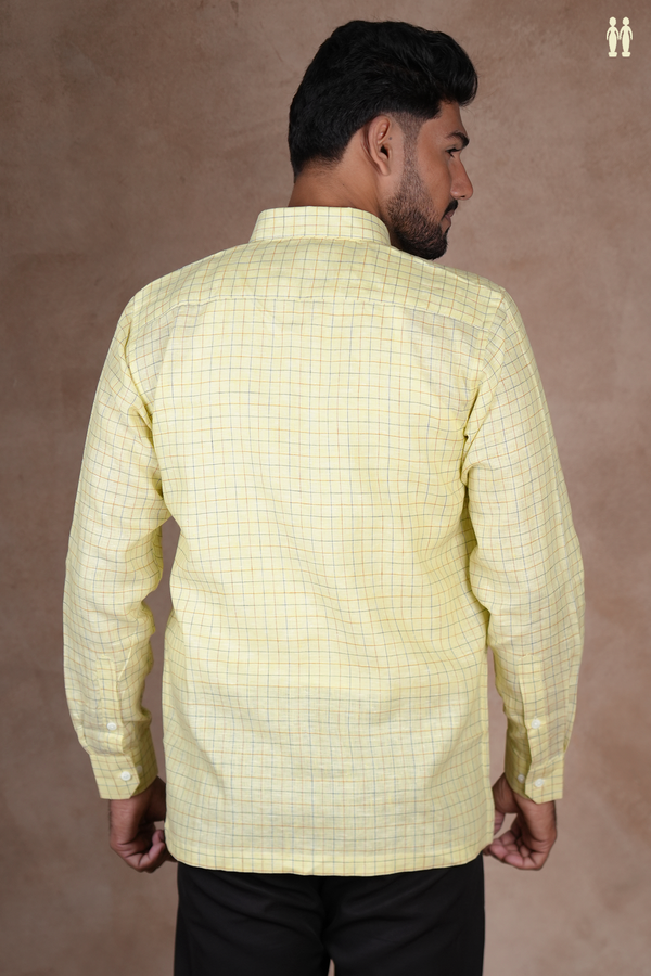 Regular Collar Checks Design Creamy Green Linen Shirt
