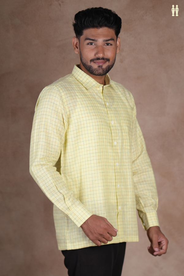 Regular Collar Checks Design Creamy Green Linen Shirt