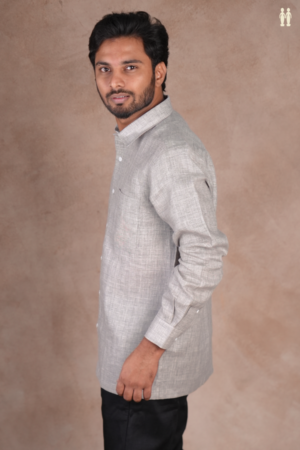 Regular Collar Printed Design Grey Linen Shirt