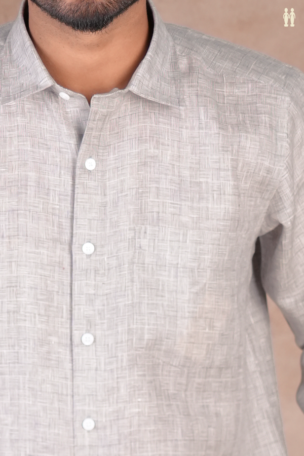 Regular Collar Printed Design Grey Linen Shirt