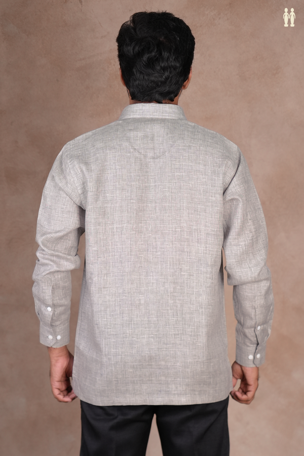 Regular Collar Printed Design Grey Linen Shirt