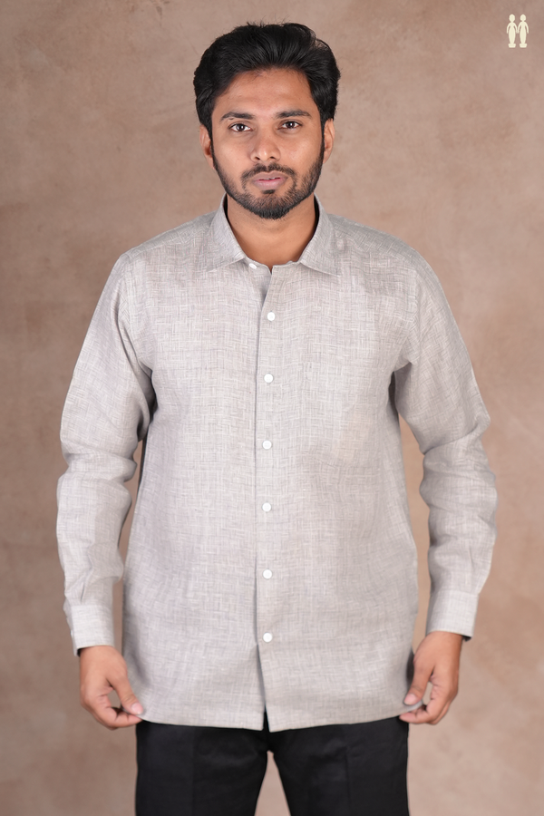 Regular Collar Printed Design Grey Linen Shirt