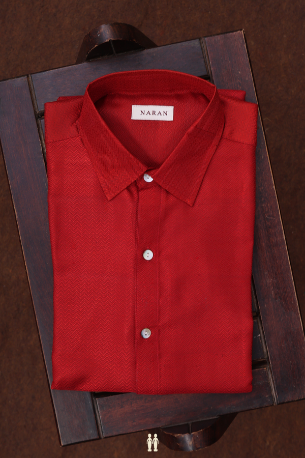 Regular Collar Chevron Design Red Banarasi Silk Shirt