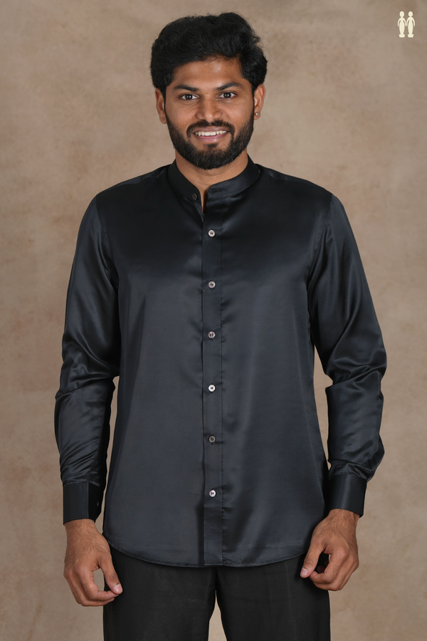 Chinese Collar Plain Black Silk Shirt