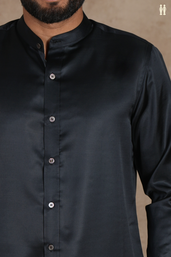 Chinese Collar Plain Black Silk Shirt