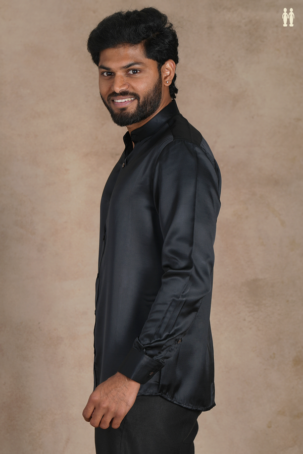 Chinese Collar Plain Black Silk Shirt