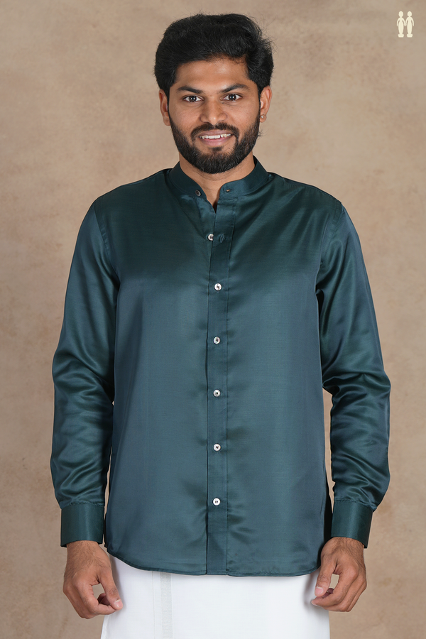Chinese Collar Plain Dark Green Silk Shirt
