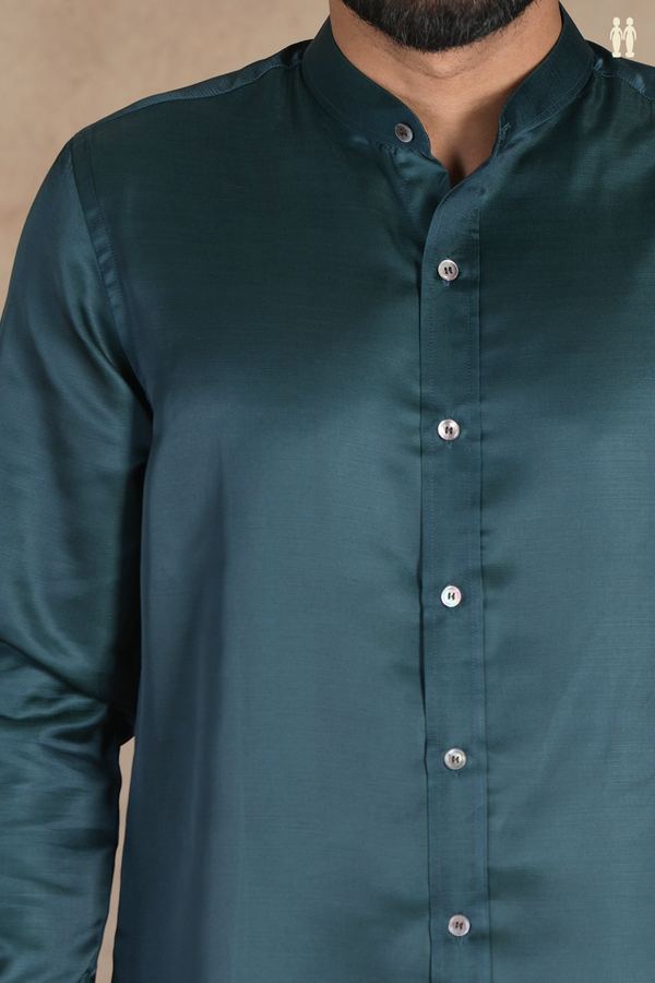 Chinese Collar Plain Dark Green Silk Shirt