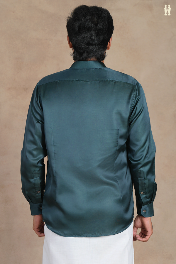Chinese Collar Plain Dark Green Silk Shirt