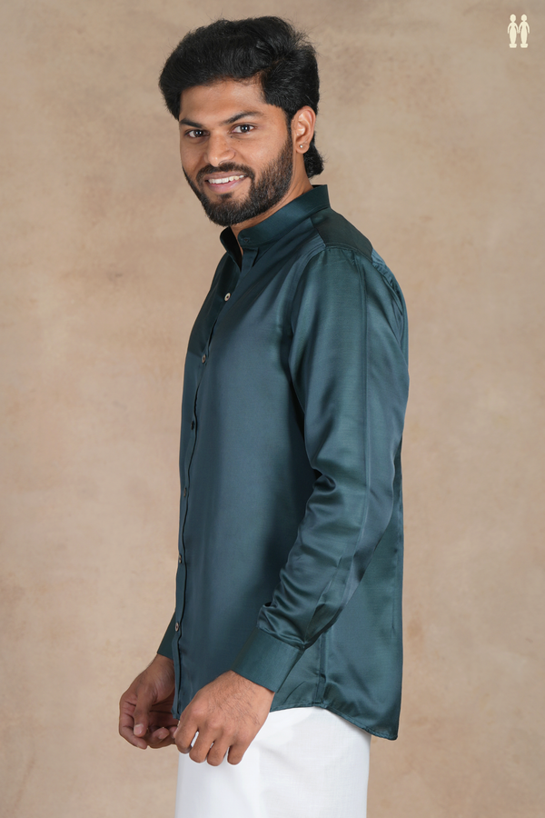 Chinese Collar Plain Dark Green Silk Shirt