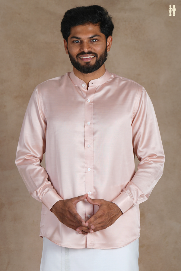 Chinese Collar Plain Light Pink Silk Shirt
