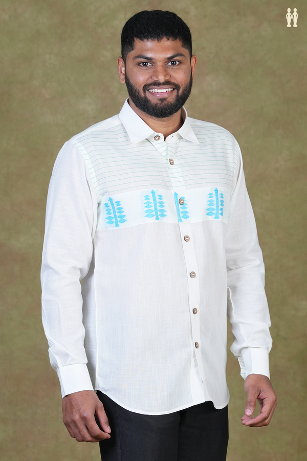 Regular Collar Stripes Design White Cotton Shirt