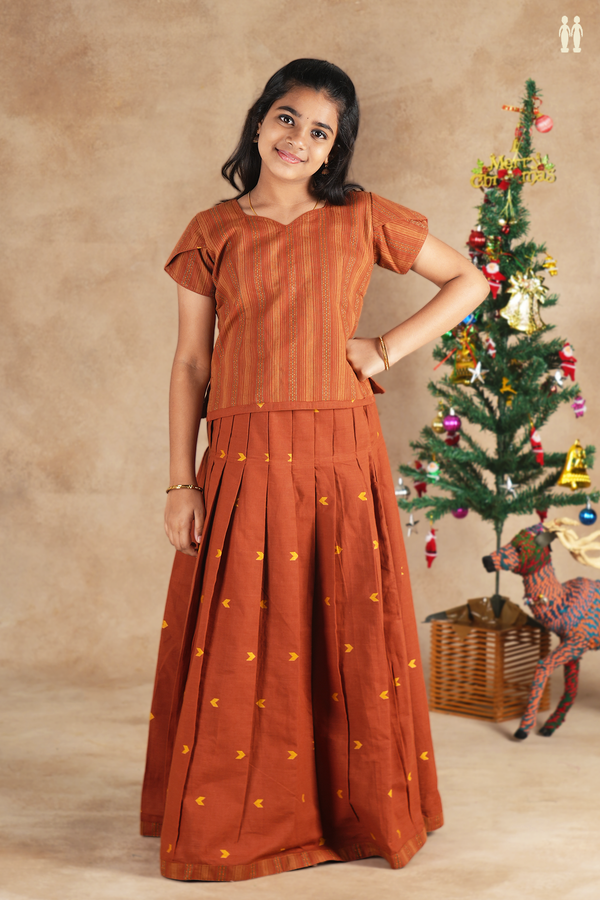 Sweet Heart Neck Stripes Design Brown Cotton Pavadai Sattai