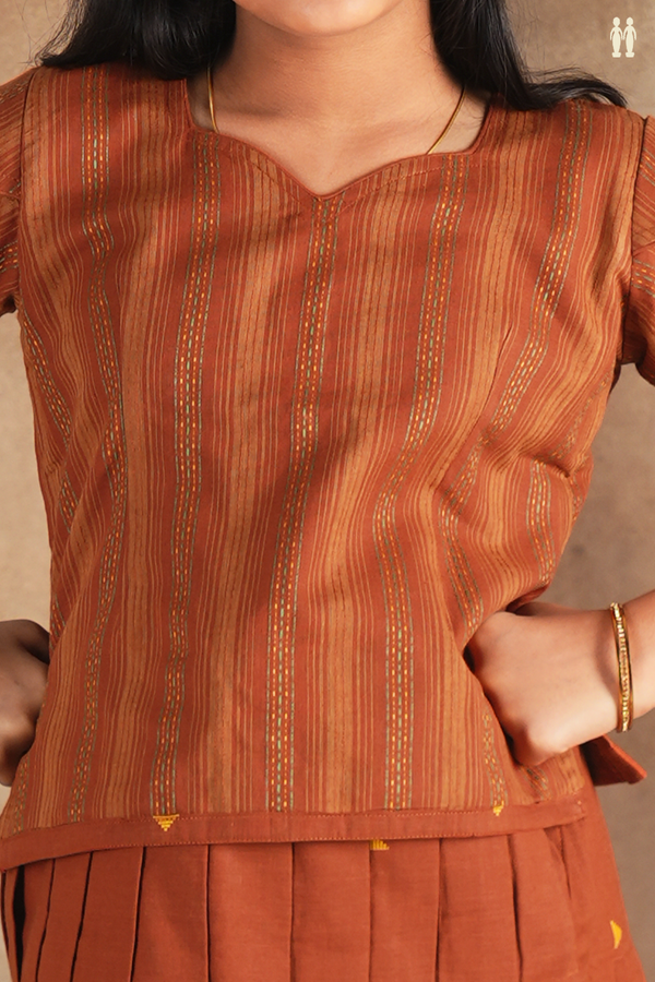 Sweet Heart Neck Stripes Design Brown Cotton Pavadai Sattai