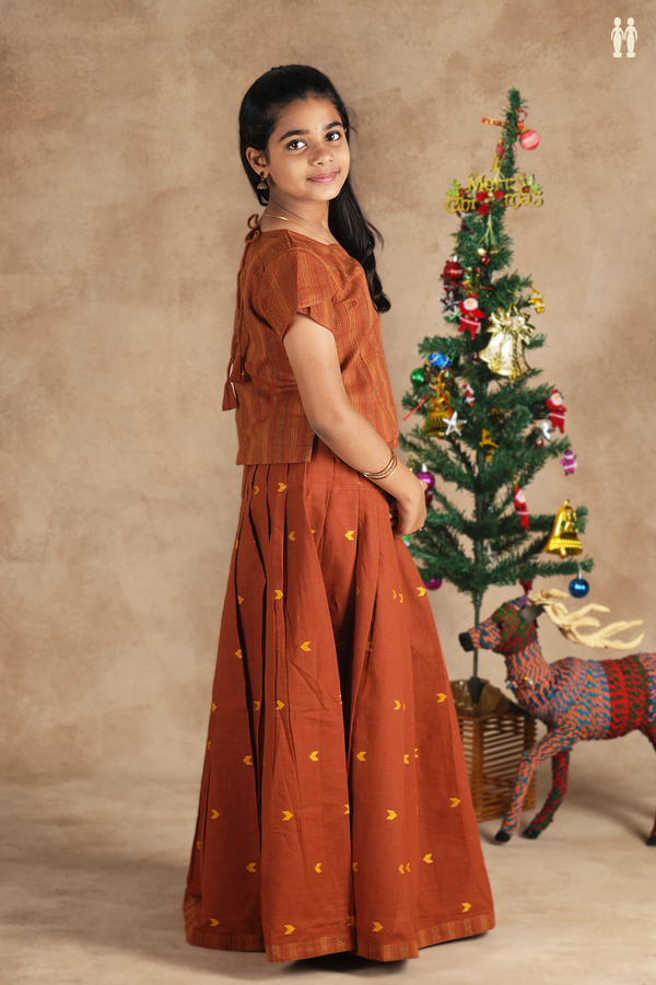 Sweet Heart Neck Stripes Design Brown Cotton Pavadai Sattai