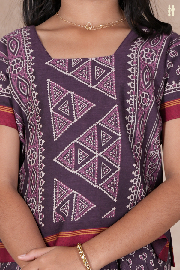 Printed Design Deep Purple Cotton Pavadai Sattai