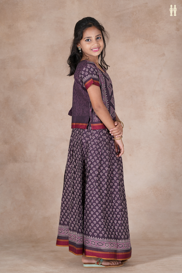 Printed Design Deep Purple Cotton Pavadai Sattai