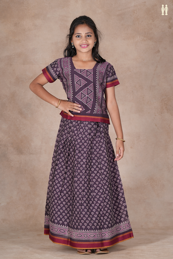 Printed Design Deep Purple Cotton Pavadai Sattai