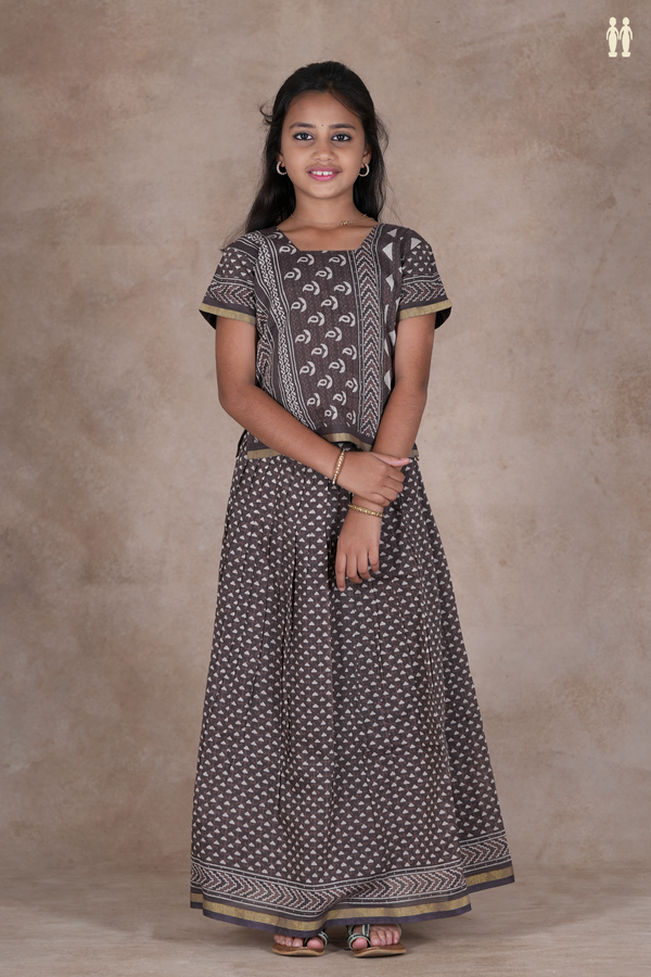 Printed Design Oxford Brown Cotton Pavadai Sattai