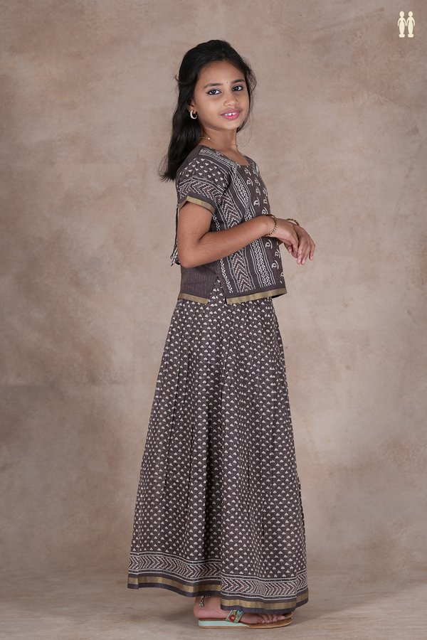 Printed Design Oxford Brown Cotton Pavadai Sattai