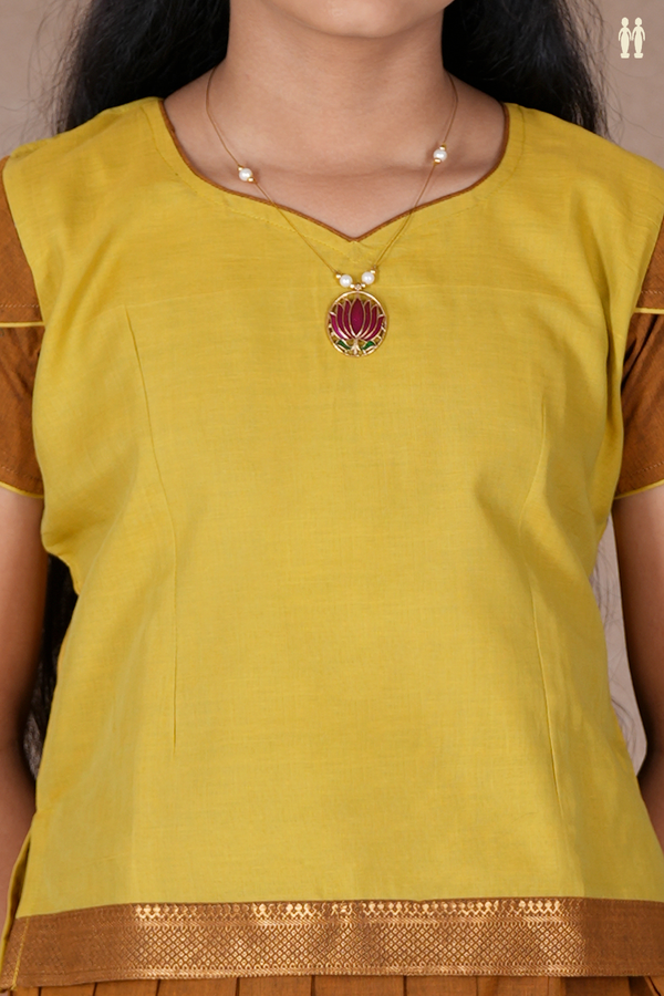 Sweet Heart Neck Yellow And Brown Cotton Pavadai Sattai