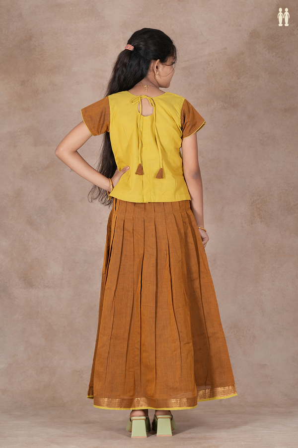 Sweet Heart Neck Yellow And Brown Cotton Pavadai Sattai