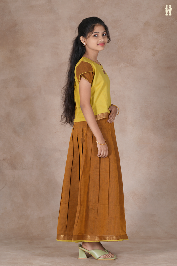 Sweet Heart Neck Yellow And Brown Cotton Pavadai Sattai