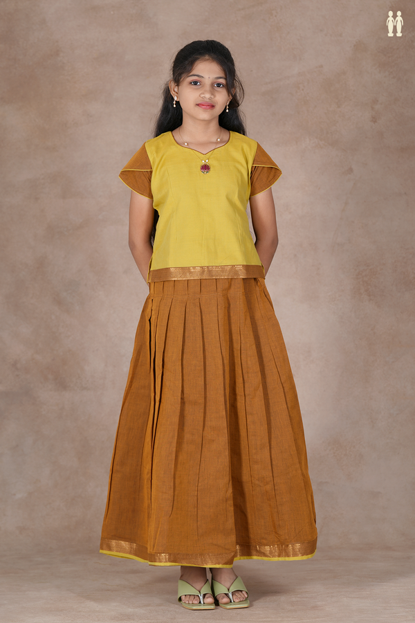 Sweet Heart Neck Yellow And Brown Cotton Pavadai Sattai