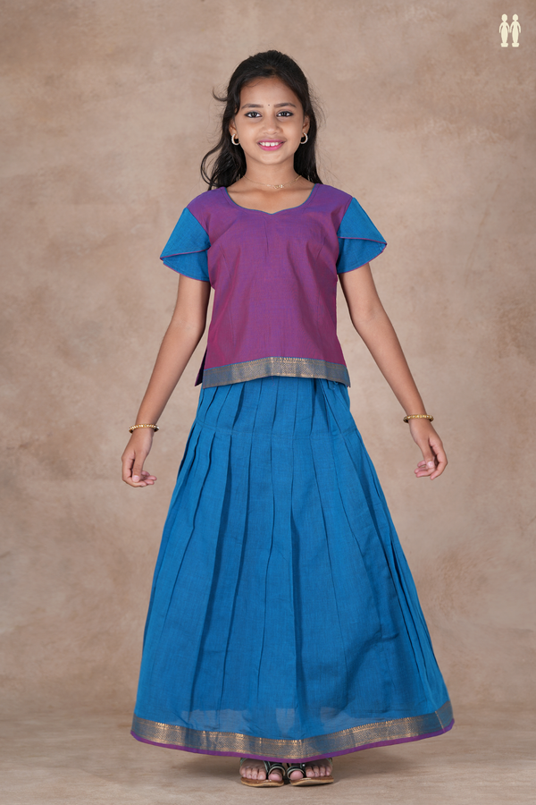 Sweet Heart Necks Purple And Blue Cotton Pavadai Sattai