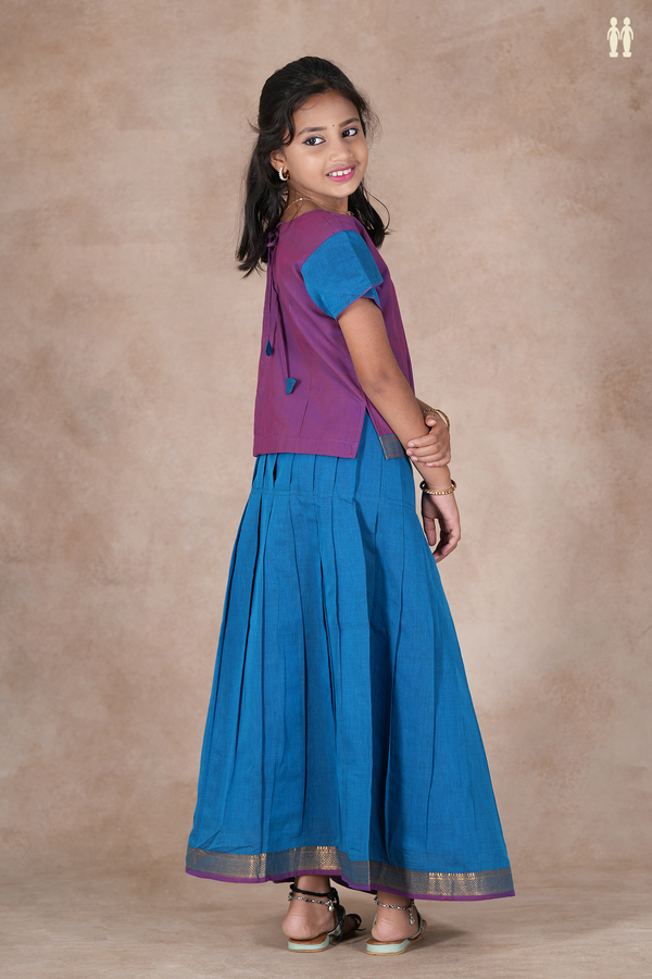 Sweet Heart Necks Purple And Blue Cotton Pavadai Sattai