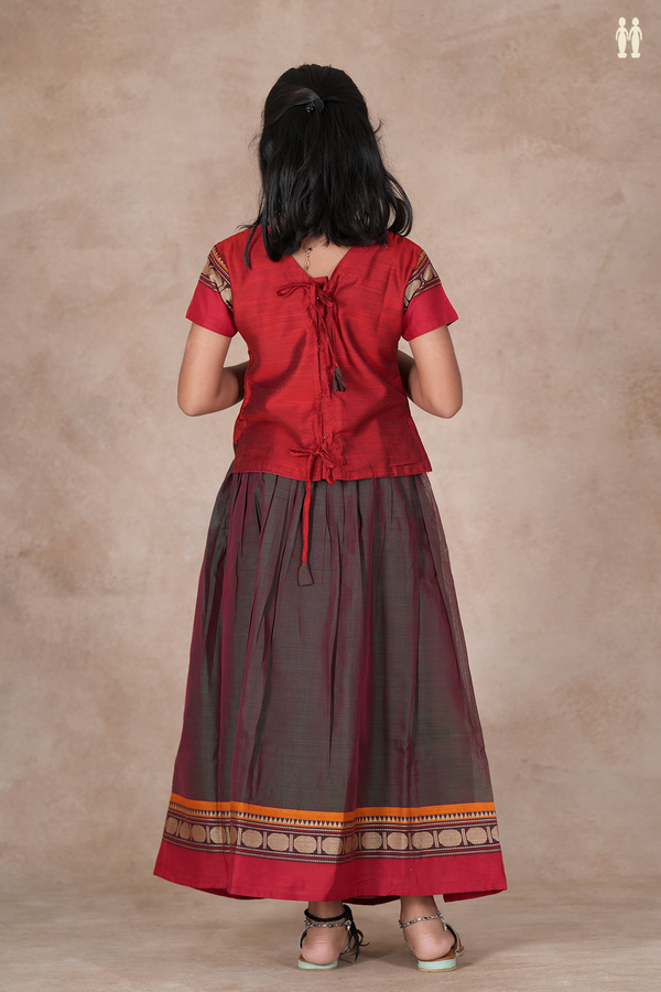 Rudraksh Design Red And Manthulir Raw Silk Pavadai Sattai