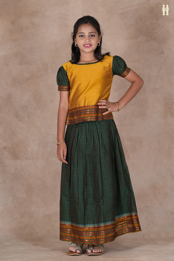 Checks Design Yellow And Green Raw Silk Pavadai Sattai