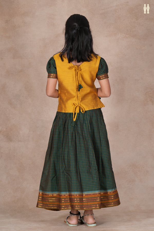 Checks Design Yellow And Green Raw Silk Pavadai Sattai